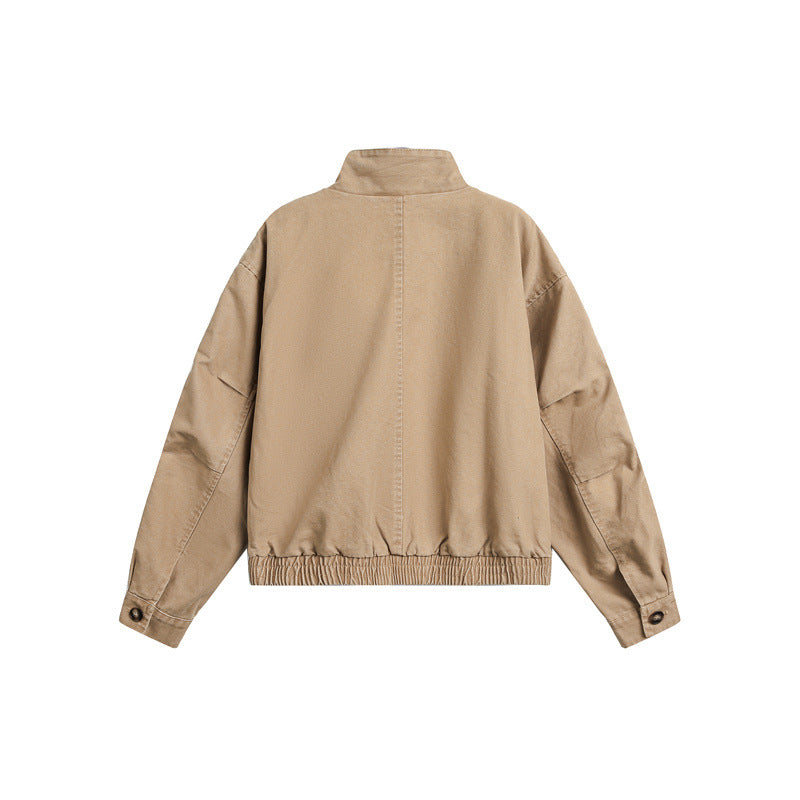 Unisex Kurz geschnittener Boxy-Canvas-Blousonjacke mit Funnelkragen, Aufgesetzten Klappentaschen und Elastischem Saum Shop Nory