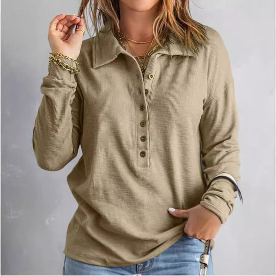 Damen Langarm-Waffelshirt mit Hemdkragen und Knopfleiste Shop Nory