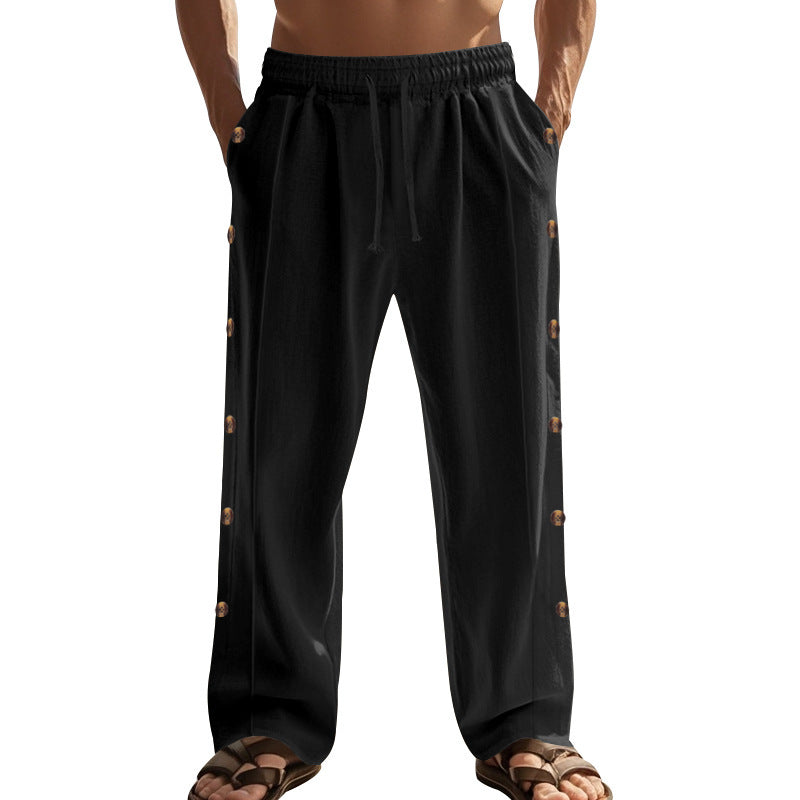 Herren nan entspannte Leinen-Relaxhose mit seitlicher Knopfleiste elastischem Bund und Eingrifftaschen