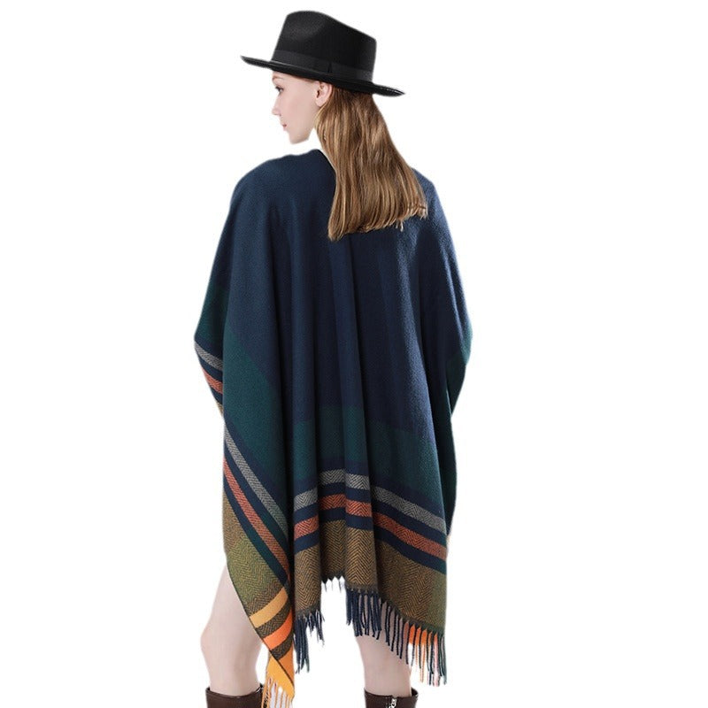 Damen Oversize‑Poncho‑Überwurf mit Tunnelzug, Karomuster und Fransensaum Shop Nory
