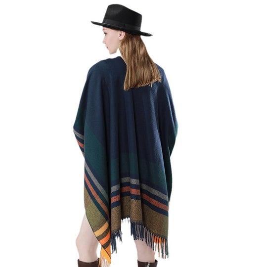Damen Oversize‑Poncho‑Überwurf mit Tunnelzug, Karomuster und Fransensaum Shop Nory