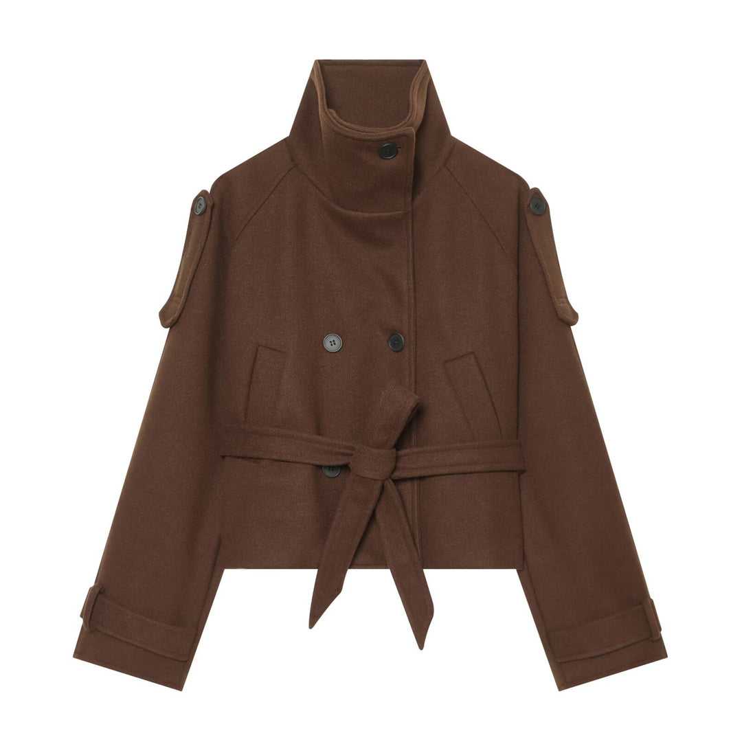 Damen Kurze Wollmix-Capejacke mit Taillengürtel und Funnelkragen Shop Nory