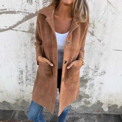 Damen Teddy-Mantel mit Oversize-Kragen, dekorativen Knöpfen und Eingrifftaschen Shop Nory