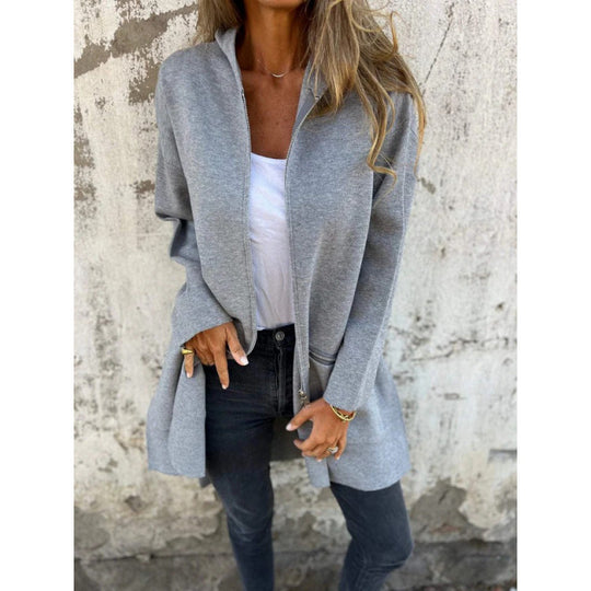 Damen Kapuzen-Longcardigan mit durchgehendem Reißverschluss und Ziertaschen Shop Nory