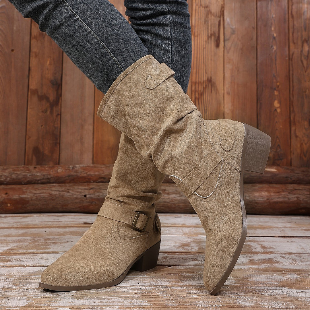 Damen Stiefeletten mit mittelhohem Blockabsatz und lässigem Slouch-Schaft Shop Nory