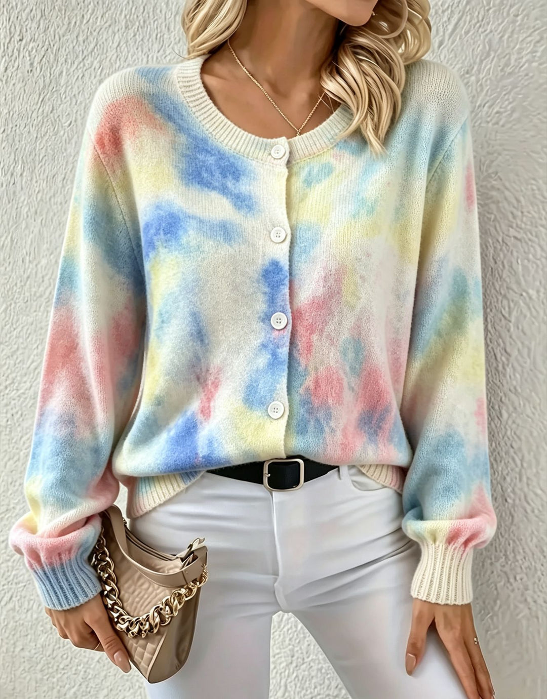 Damen Leichter Jacquard‑Strickcardigan mit Leo‑Print, Rundhalsausschnitt und Knopfleiste Shop Nory
