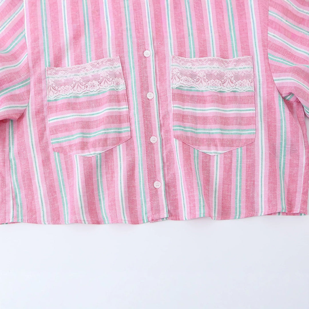 Damen Gekürzte gestreifte Hemdbluse mit Spitzenbesatz und Oversize-Ärmeln Shop Nory