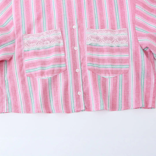Damen Gekürzte gestreifte Hemdbluse mit Spitzenbesatz und Oversize-Ärmeln Shop Nory