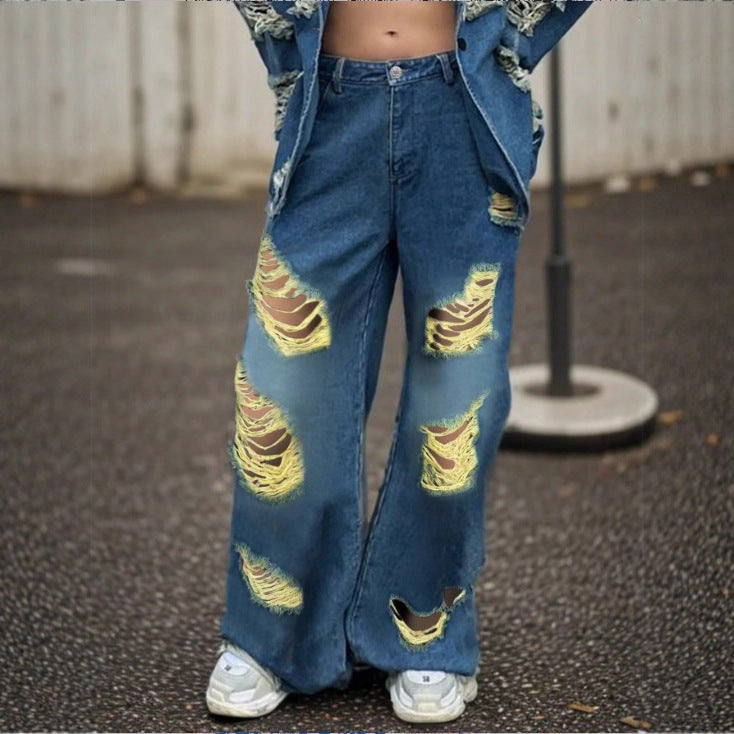 Damen weite Destroyed-Denim-Jeans mit Neonfransen-Applikation Shop Nory