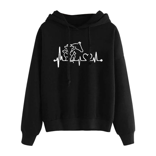 Damen nan leichter Oversize Kapuzenpullover mit Herz‑EKG‑Motiv, langen Kordeln und elastischem Bund Shop Nory