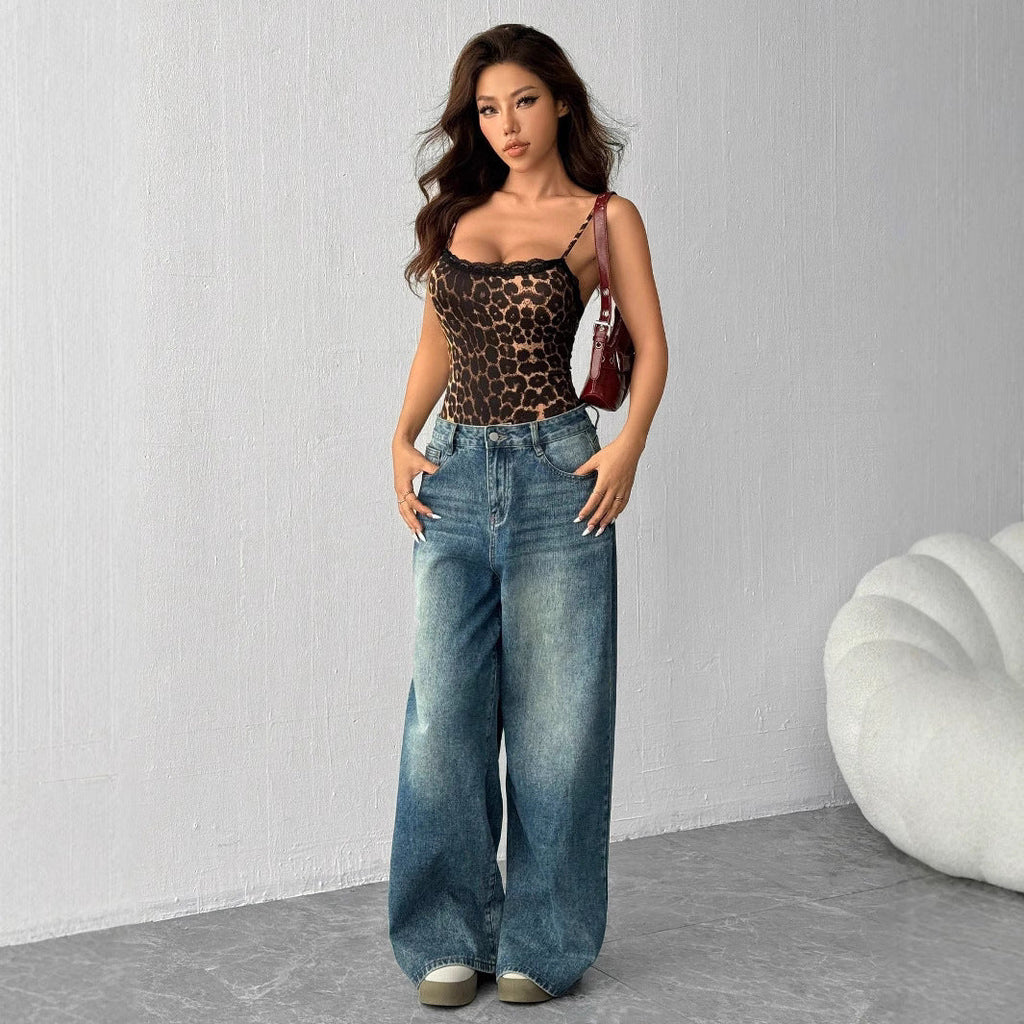 Damen Spitzen-Bodys mit Leopardenmuster