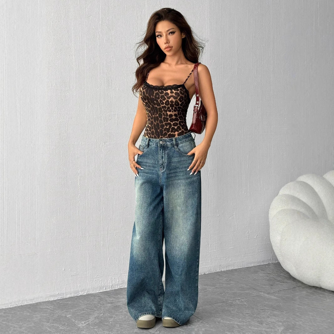 Damen Spitzen-Bodys mit Leopardenmuster