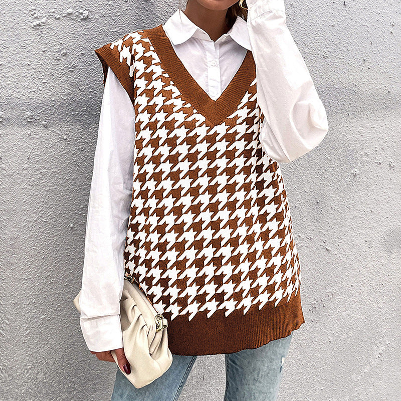 Damen Oversize Strickweste mit Hahnentritt‑Muster und tiefem V‑Ausschnitt Shop Nory