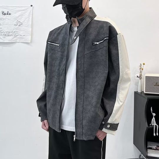 Herren Kontrastärmeliges Oversized Kunstleder-Utility-Jacke mit Stehkragen Shop Nory