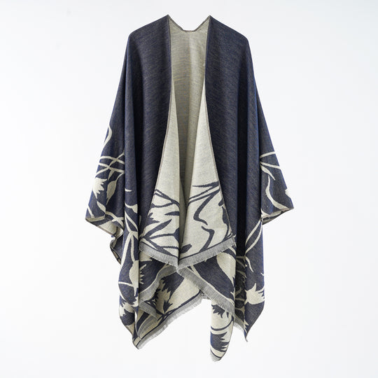 Damen Edler Wendbarer Ruana-Überwurf im Double-Face Wollmix mit floralem Jacquard Shop Nory