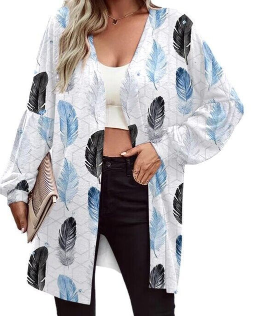 Damen Leichter Offener Longcardigan mit Federmotiv und Oversize-Ärmeln Shop Nory