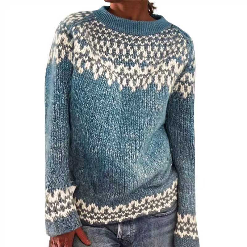 Damen nan melierter Rundhalsausschnittpullover mit kreisförmigem Jacquard-Yoke und geripptem Saum Shop Nory