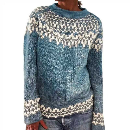 Damen nan melierter Rundhalsausschnittpullover mit kreisförmigem Jacquard-Yoke und geripptem Saum Shop Nory