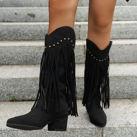 Damen Wadenhohe Wildleder Westernstiefel mit langen Fransen und Ziernieten Shop Nory