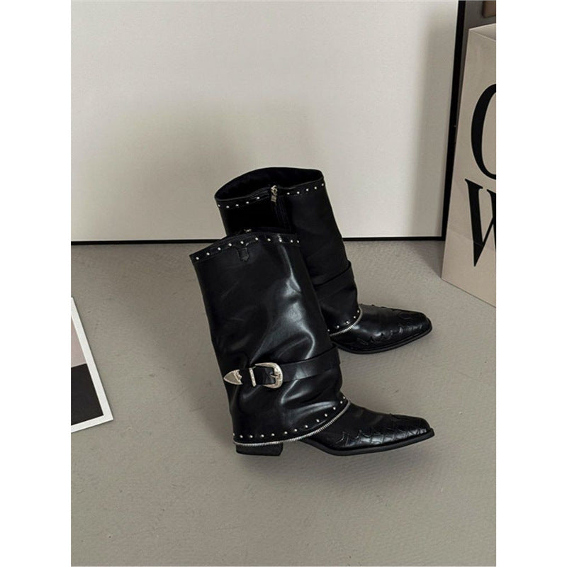 Damen Biker‑Western Midcalf‑Stiefel mit Ziernieten, Schnallenriemen und geprägter Zehenkappe Shop Nory