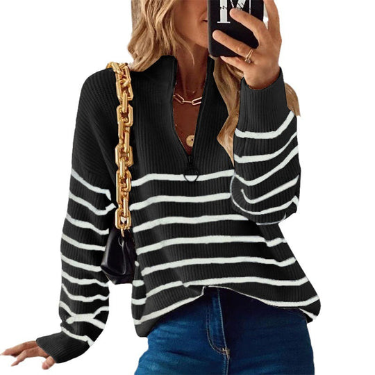 Damen lässiger Pullover mit kurzem Reißverschluss und Streifenmuster