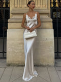 Damen elegantes Satin Maxikleid mit Spitzenbesatz und schmalem Trägerdesign Shopnory