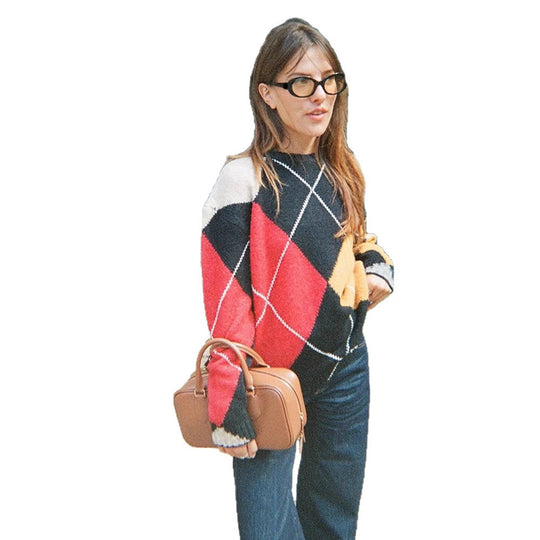 Damen Oversize Argyle-Pullover aus Mohair-Mix mit Rundhalsausschnitt und kontrastierenden Rautendetails Shop Nory
