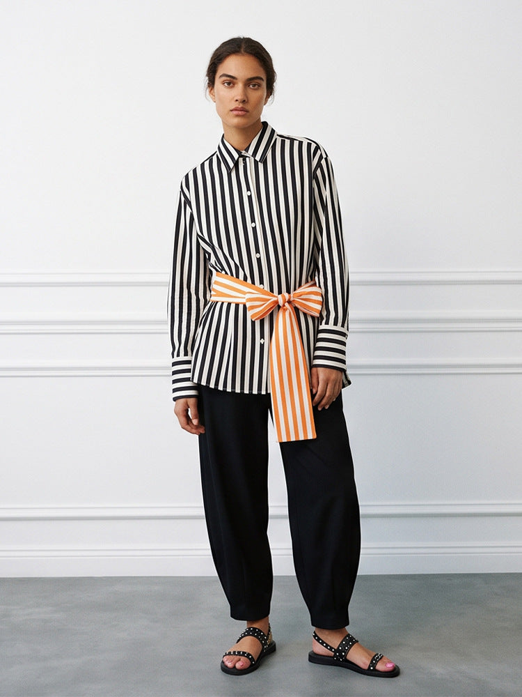 Damen Vertikalgestreifte Oversize‑Hemdbluse mit kastiger Silhouette und Bindegürtel Shop Nory