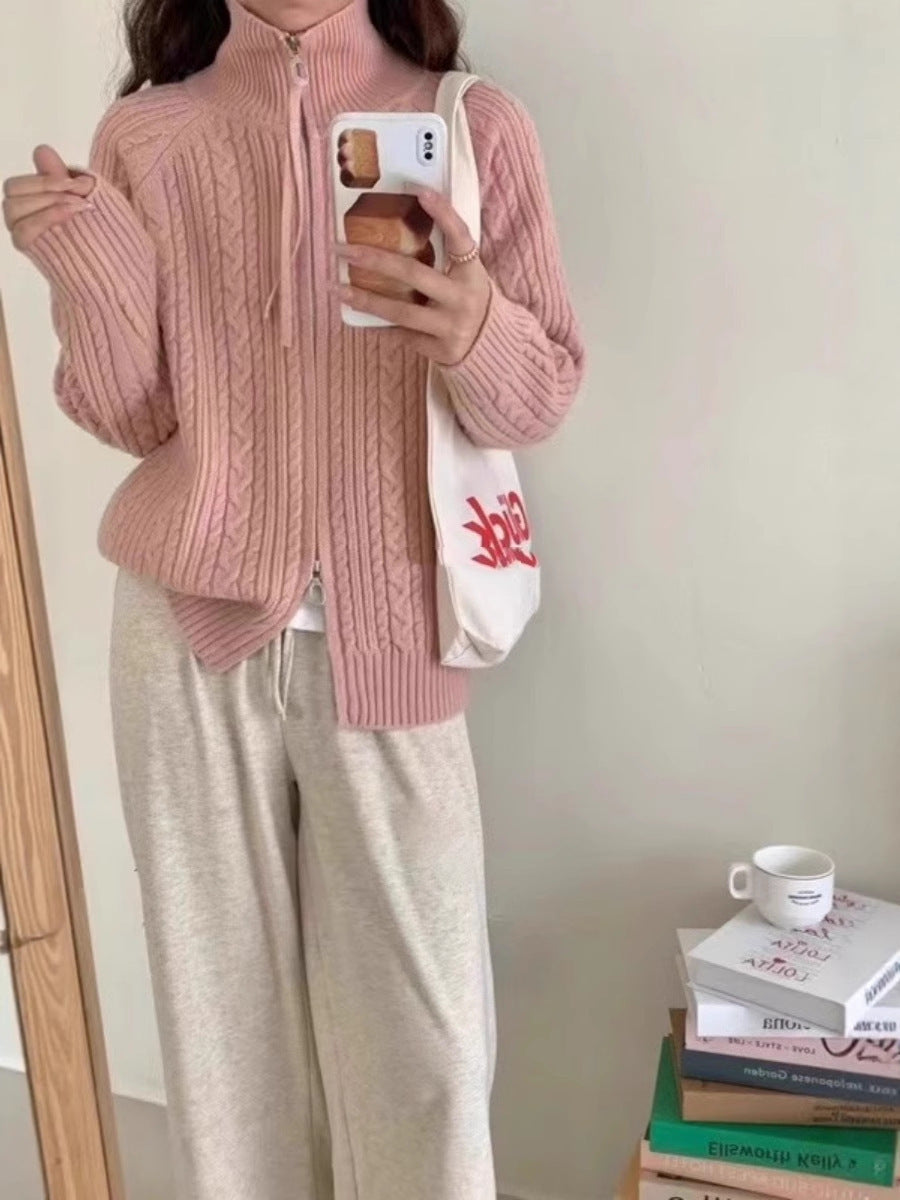 Damen Kastiger Zopfstrick‑Cardigan mit Zweiwege‑Reißverschluss, Stehkragen und breitem Rippsaum Shop Nory