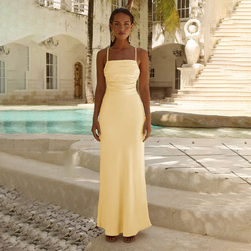 Damen elegantes Maxikleid mit raffiniertem Raffung und verstellbaren Spaghettiträgern Shopnory