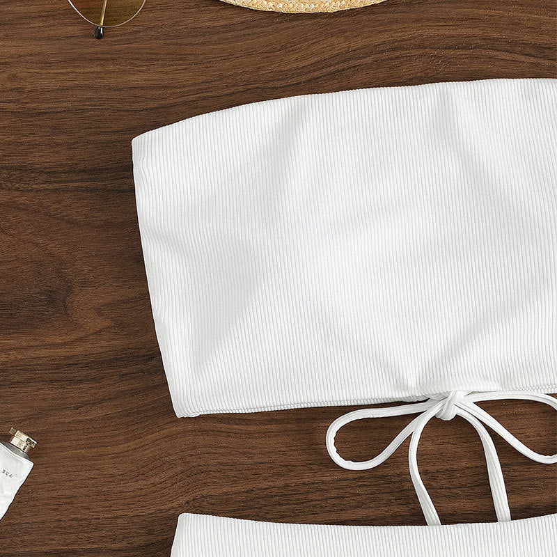 Damen Bandeau-Bikini mit hohem Bund und Rippdesign