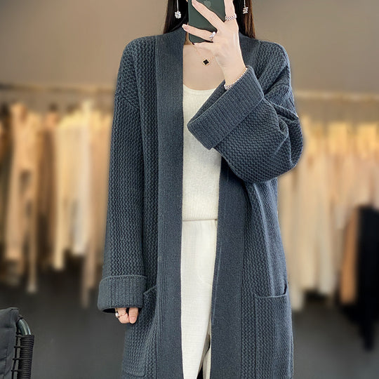 Damen Langer Oversize-Strickcardigan mit Strukturmuster und aufgesetzten Taschen Shop Nory