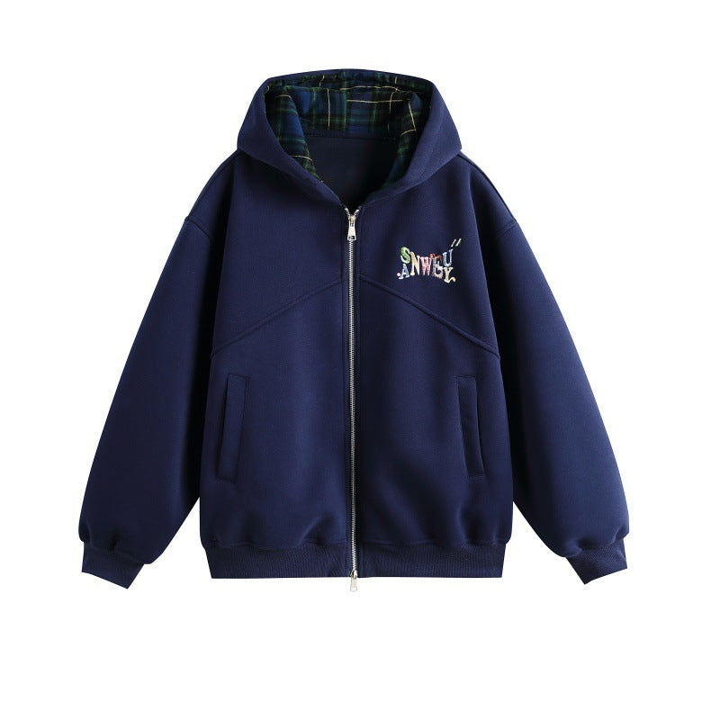 Damen Kapuzen-Sweatjacke im Boxy-Schnitt mit kariert gefütterter Kapuze und dezenter Stickerei Shop Nory