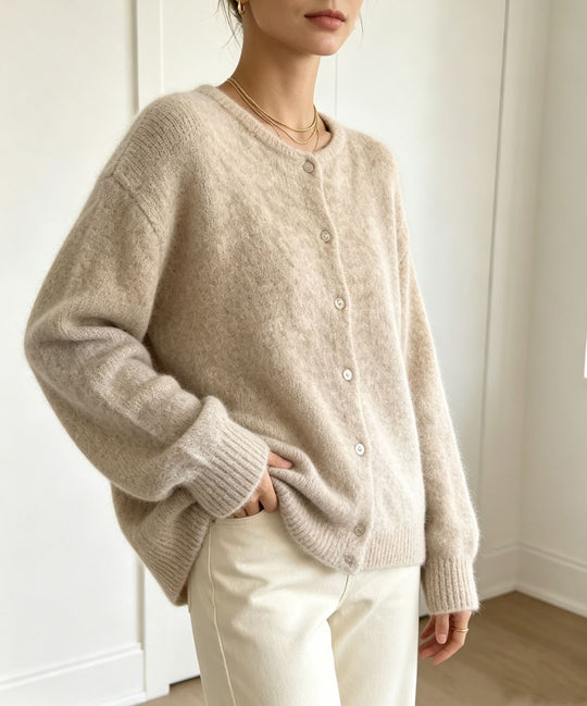 Damen Rundhals-Strickjacke mit weichem Flormix, Knopfverschluss und gerippten Bündchen Shop Nory