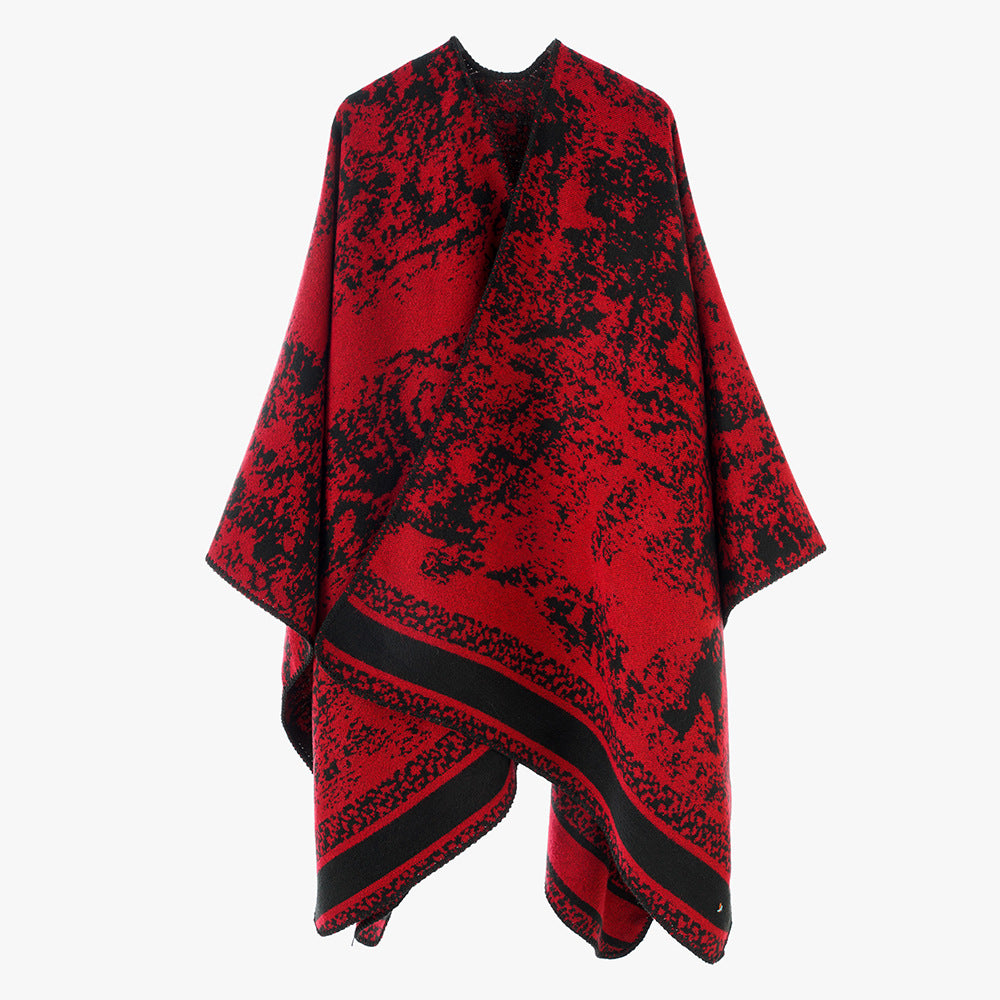 Damen Jacquard‑Überwurfponcho mit offener Front, kastiger Silhouette und fein gekettelter Saumkante Shop Nory