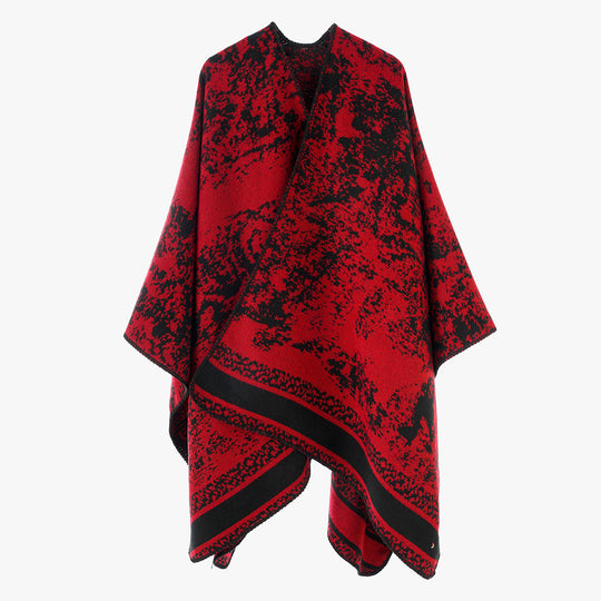 Damen Jacquard‑Überwurfponcho mit offener Front, kastiger Silhouette und fein gekettelter Saumkante Shop Nory