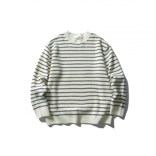 Unisex Oversize Streifen-Strickpullover mit Rundhalsausschnitt und geripptem Saum Shop Nory