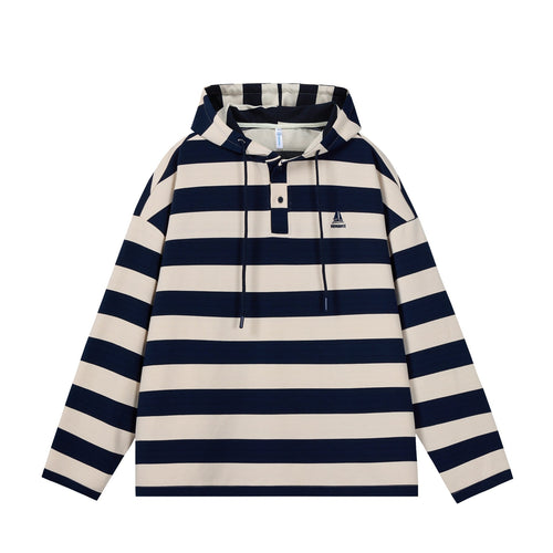 Herren Gestreiftes Kapuzen-Rugbyshirt im Oversize-Schnitt mit Knopfleiste Shop Nory