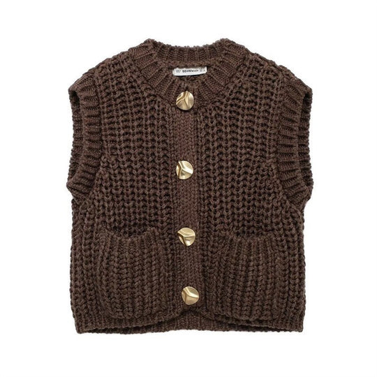 Damen grobgestrickte Woll-Boxy-Weste mit Zierknöpfen und Eingrifftaschen Shop Nory