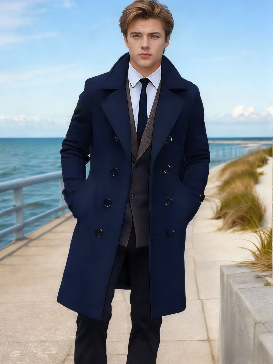 Herren Eleganter einreihiger Langmantel aus Wollmix mit schmaler Silhouette und Reverskragen Shop Nory