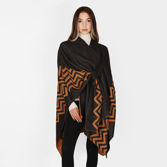 Damen Oversize Rechteck-Cape mit Jacquard-Zickzackmuster und Bindegürtel Shop Nory