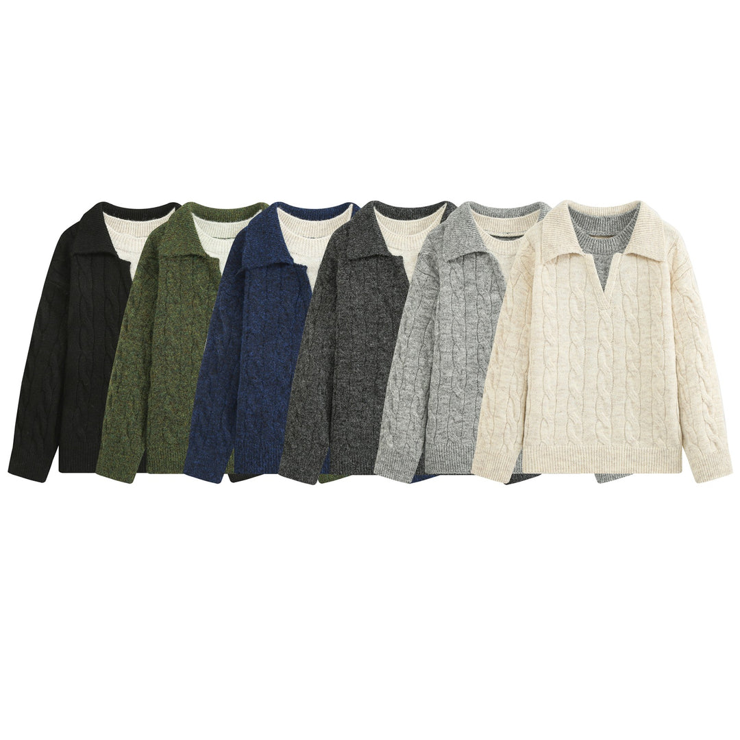 Damen Grobgestrickter Zopfmuster-Pullover mit offenem Polokragen und V‑Ausschnitt Shop Nory