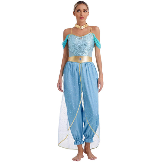 Damen Glamouröses Märchen-Kostüm mit glitzerndem Oberteil und luftigen Hosen Shopnory