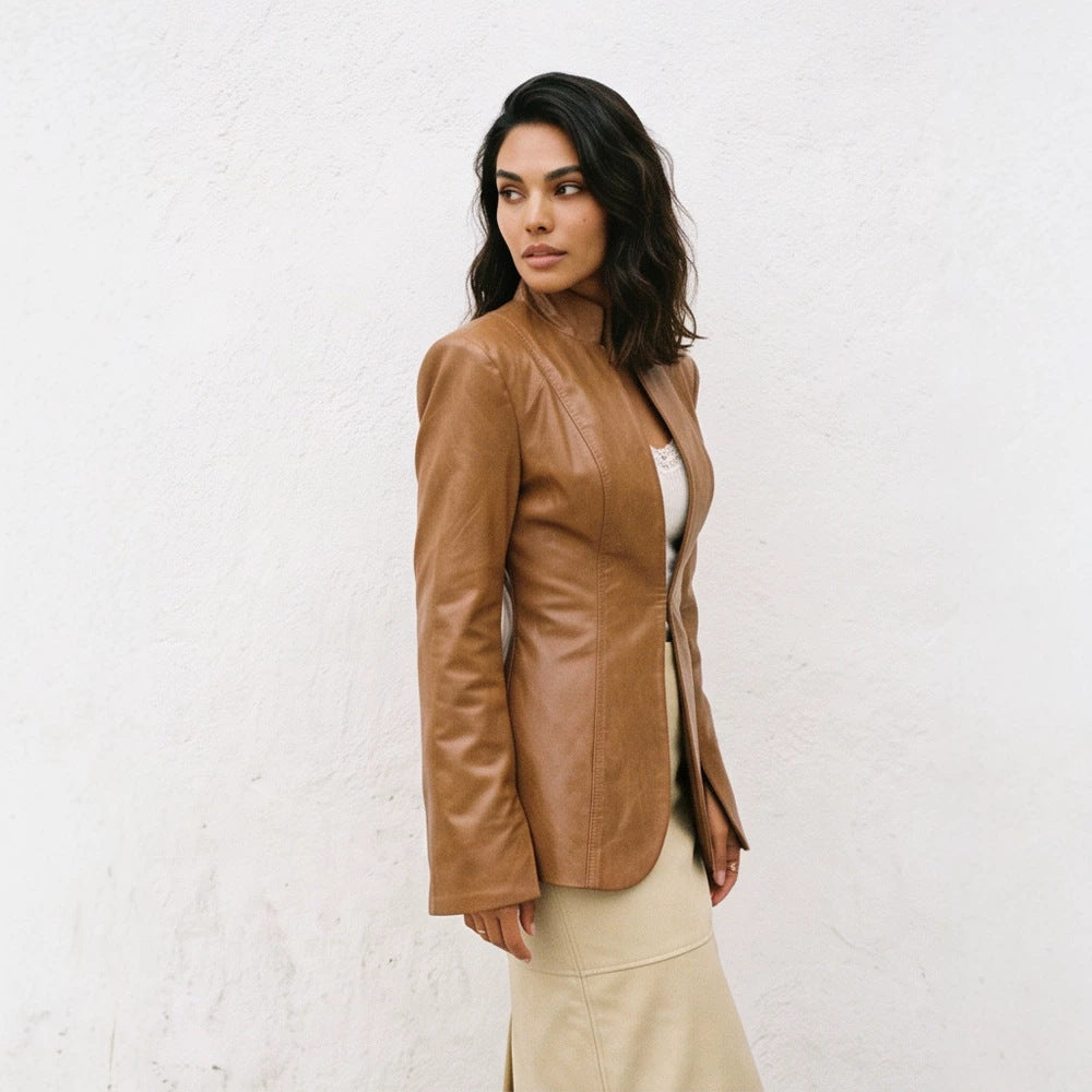 Damen taillierter Veganleder‑Blazer mit sculpted Nähten und Stehkragen Shop Nory
