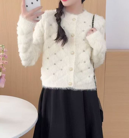 Damen Flauschiger Strickcardigan mit Perlen Shop Nory