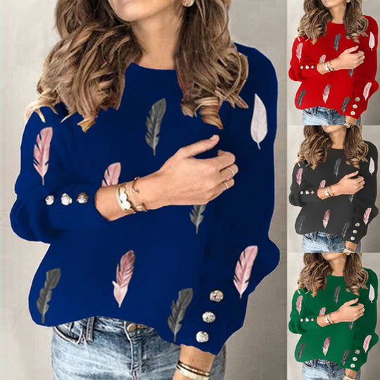 Damen Feinstrickpullover mit Federmotiv, Rundhalsausschnitt und dekorativer Knopfleiste Shop Nory
