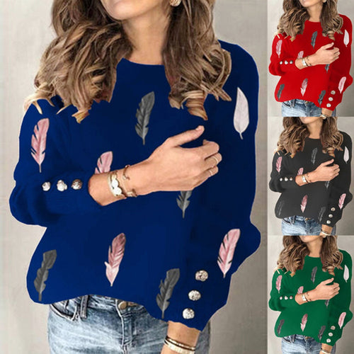 Damen Feinstrickpullover mit Federmotiv, Rundhalsausschnitt und dekorativer Knopfleiste Shop Nory