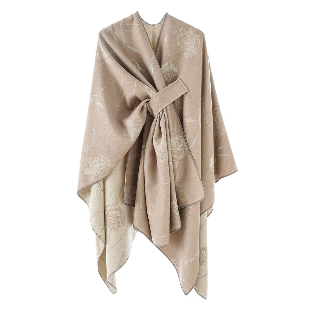 Damen Beidseitig tragbarer Jacquard-Überwurf mit Rosenmuster und Bindegürtel Shop Nory