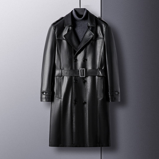 Herren Langer Ledertrenchcoat mit Taillengürtel und doppelreihiger Knopfleiste Shop Nory