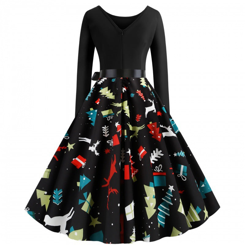 Damen Tailliertes Retro Kleid mit voluminösem Tellerrock und Weihnachtsprint Shop Nory